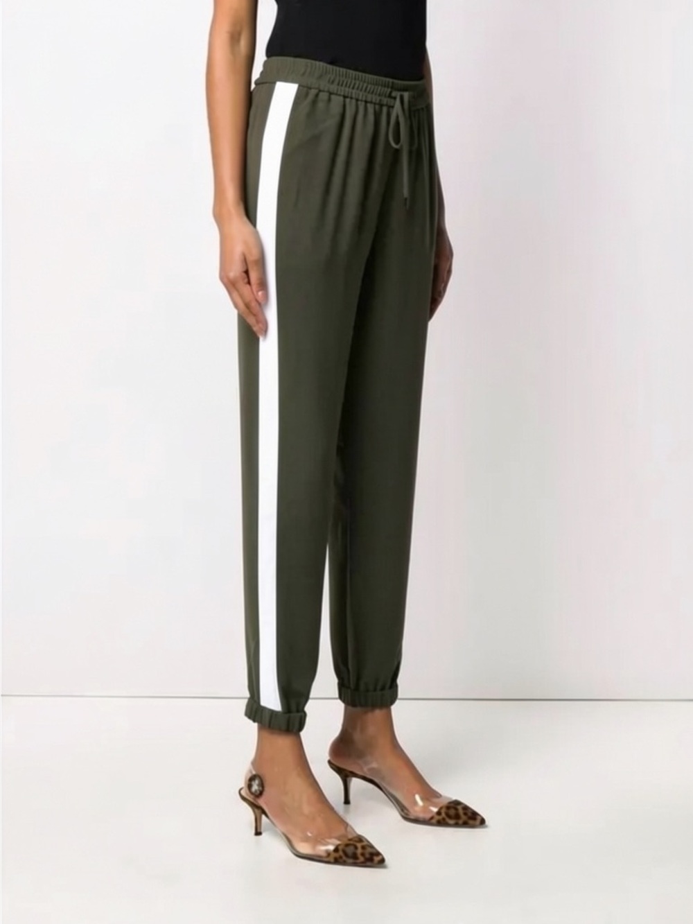 Michael by Michael Kors Olive Green Dress Jogger Pants with Ivory Side Stripes